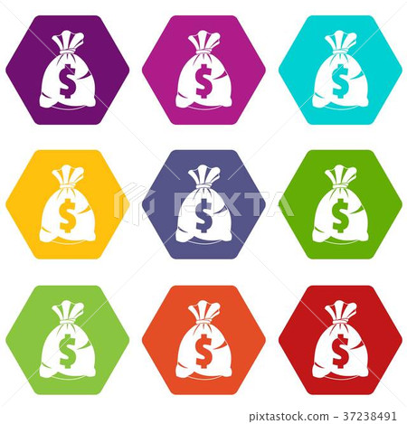 Money bag with US dollar sign icon set color hexahedron Money bag with US dollar sign icon set color hexahedron 37238491