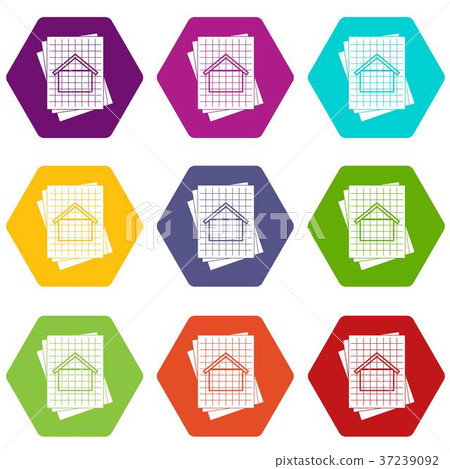 House blueprint icon set color hexahedron House blueprint icon set color hexahedron 37239092