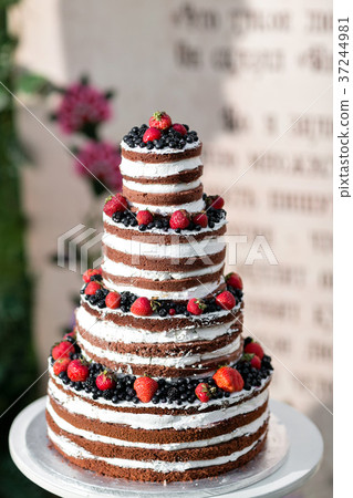 Round multi tiered wedding cake with sponge, cream 37244981