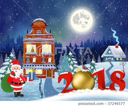 Christmas vintage greeting card on winter village Christmas vintage greeting card on winter village 37246577
