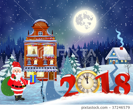Christmas vintage greeting card on winter village Christmas vintage greeting card on winter village 37246579