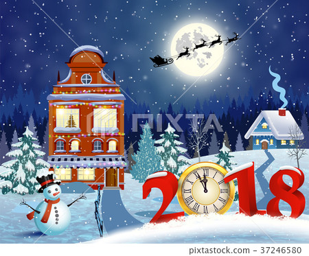 Christmas vintage greeting card on winter village 37246580