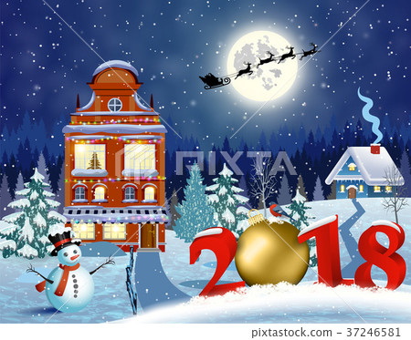 Christmas vintage greeting card on winter village Christmas vintage greeting card on winter village 37246581
