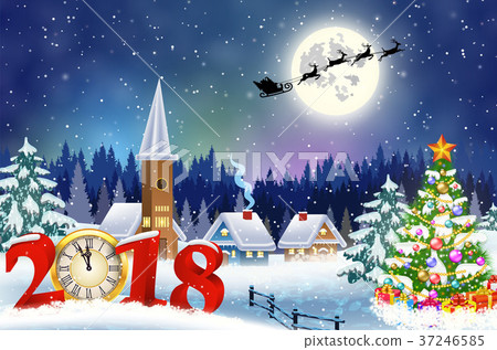 Christmas vintage greeting card on winter village Christmas vintage greeting card on winter village 37246585