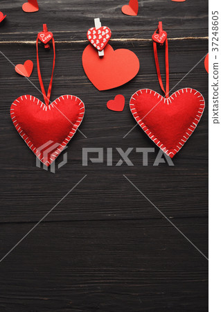 Valentine day background, handmade hearts on wood 37248605