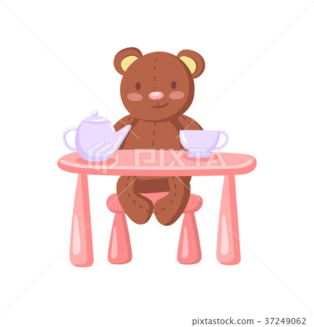 Cute brown teddy bear drinking tea at toy table 37249062