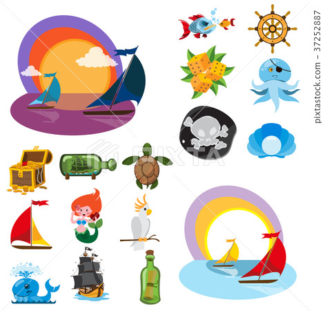 Set of colorful paintings of marine subjects 37252887