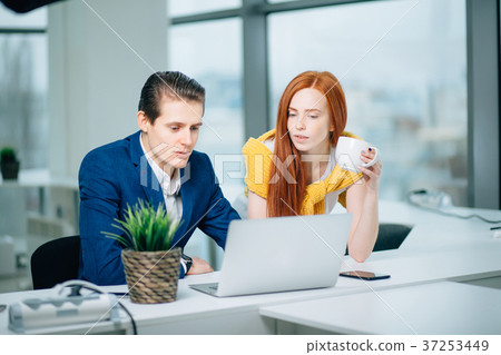 Two business partners working with laptop together Two business partners working with laptop together 37253449