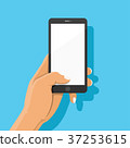 Hand holding black smartphone and finger touching. 37253615