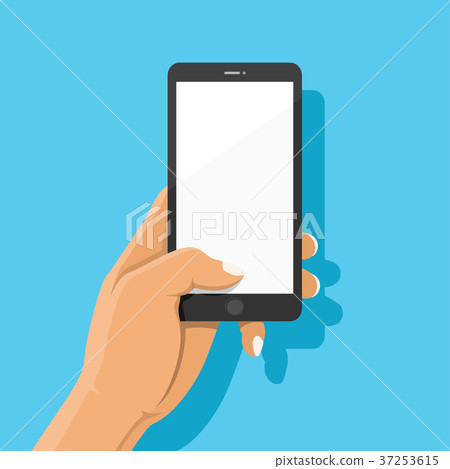 Hand holding black smartphone and finger touching. Hand holding black smartphone and finger touching. 37253615