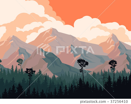 Illustration of coniferous forest with mountains. Illustration of coniferous forest with mountains. 37256410