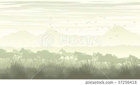 Illustration of landscape with herd of horses. Illustration of landscape with herd of horses. 37256418