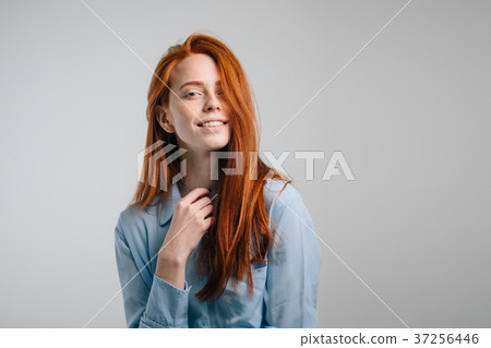 Headshot Portrait of happy ginger girl with Headshot Portrait of happy ginger girl with 37256446
