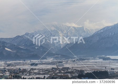 Landscape of Mt. Hakai as seen from Urasa Castle Fort in winter 37260696