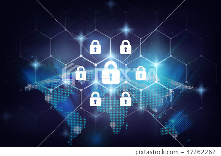 Security key lock icon digital display over the Part of digital earth on the Milky Way background, business technology securities and AI concept, Elements of this image furnished by NASA 37262262