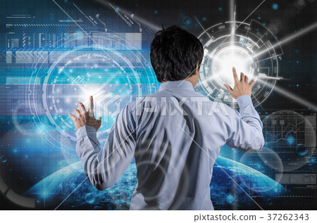 Back side of Businessman working with the modern virtual screen over the earth planet with star and trading graph background, Elements of this image furnished by NASA, Business and technology concept 37262343