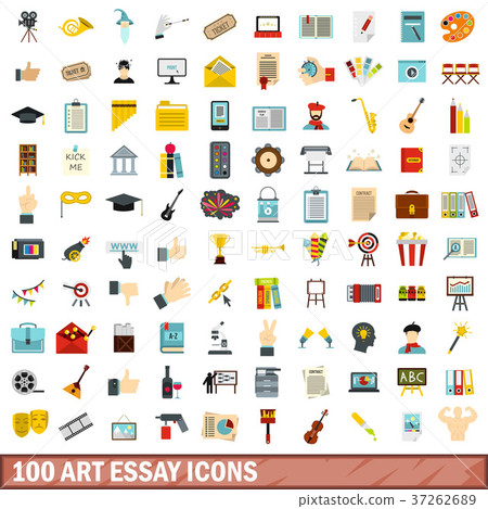 100 art essay icons set, flat style 37262689