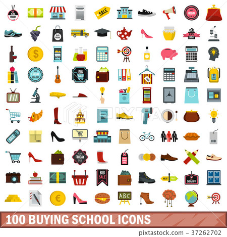 100 buying school icons set, flat style 37262702