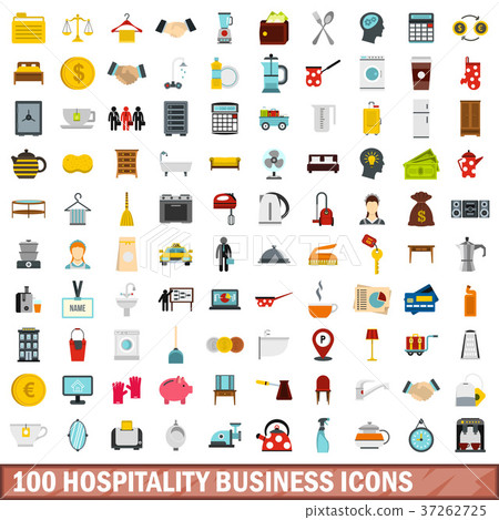 100 hospitality business icons set, flat style 37262725