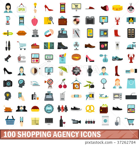 100 shopping agency icons set, flat style 37262784