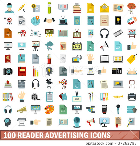 100 reader advertising icons set, flat style 37262785