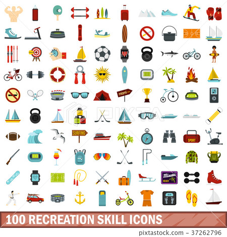 100 recreation skill icons set, flat style - Stock Illustration ...