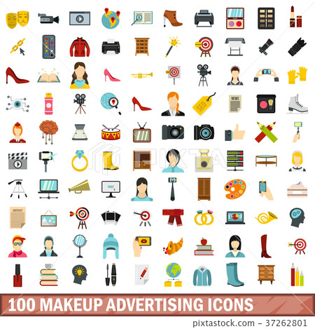 100 makeup advertising icons set, flat style 37262801