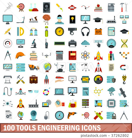 100 tools engineering icons set, flat style 100 tools engineering icons set, flat style 37262802