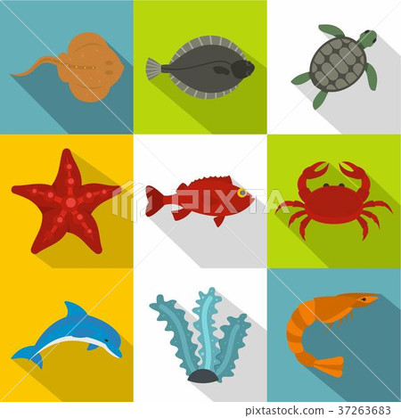 Ocean life icon set, flat style 37263683