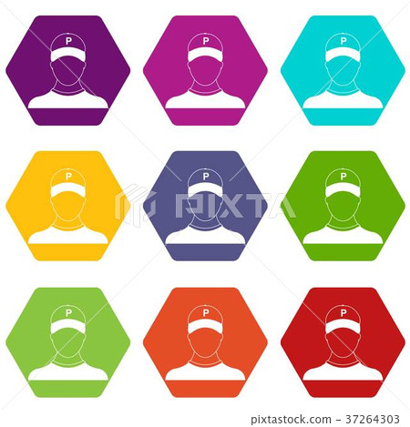 Parking attendant icon set color hexahedron Parking attendant icon set color hexahedron 37264303