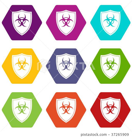 Shield with a biohazard sign icon set color hexahedron 37265909