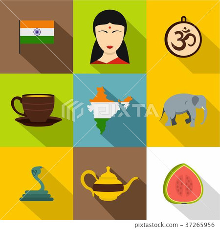 Indian symbols icon set, flat style 37265956