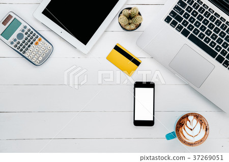 Office desk table with laptop,credit card, Office desk table with laptop,credit card, 37269051