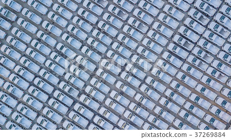 Aerial view new cars lined up in the port 37269884