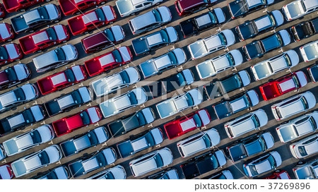 Aerial view new cars lined up in the port Aerial view new cars lined up in the port 37269896