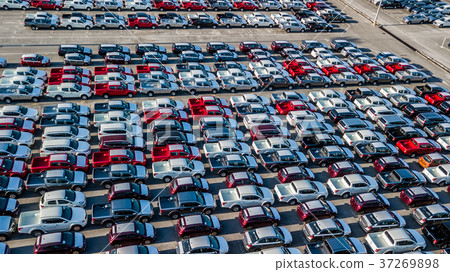 Aerial view new cars lined up in the port Aerial view new cars lined up in the port 37269898