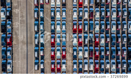 Aerial view new cars lined up in the port Aerial view new cars lined up in the port 37269899