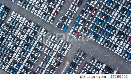 Aerial view new cars lined up in the port 37269902