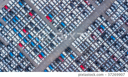 Aerial view new cars lined up in the port Aerial view new cars lined up in the port 37269907