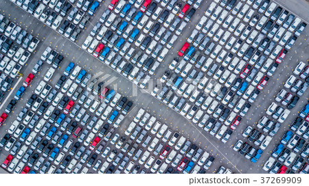 Aerial view new cars lined up in the port 37269909