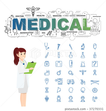 Physician with medical icons set 37270331