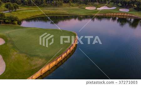 Aerial view of green golf course. 37271003