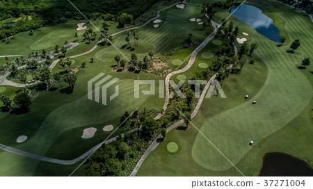 Aerial view of green golf course. 37271004