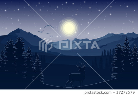 Mountain landscape with deer and forest at night 37272579