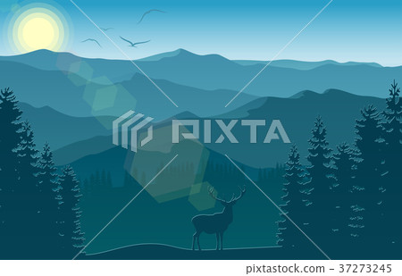 Mountain landscape with deer and forest at morning Mountain landscape with deer and forest at morning 37273245