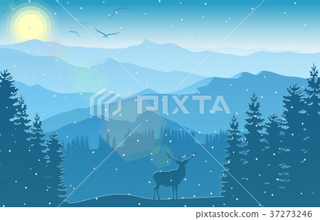 Winter mountain landscape with deer and forest Winter mountain landscape with deer and forest 37273246
