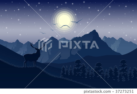 Night mountains landscape with deer on the hills - Stock Illustration ...