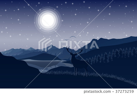 Night Mountains landscape with deer on the hills - Stock Illustration ...