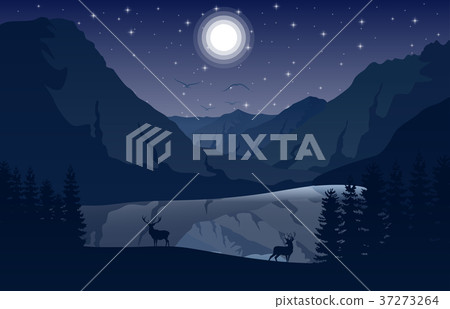 Night Mountains landscape with two deer - Stock Illustration [37273264 ...