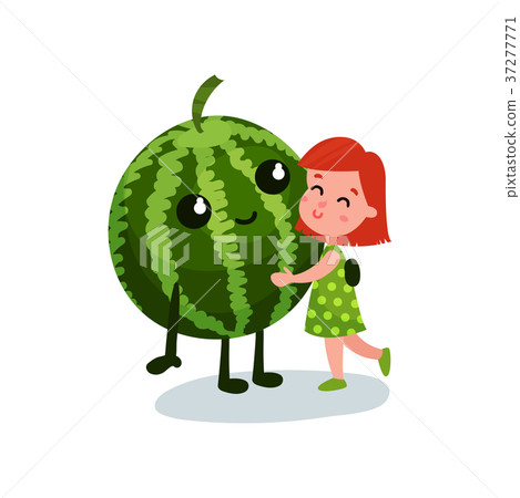 Sweet little girl hugging smiling giant watermelon 37277771